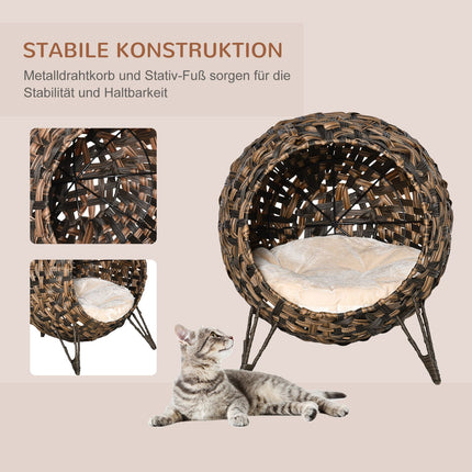 Ratanový pelíšek pro kočky, vyvýšený design s polštářem, hnědá, Ø52cm