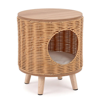 Rattan Cat House with Removable Cushion & Rubberwood Base