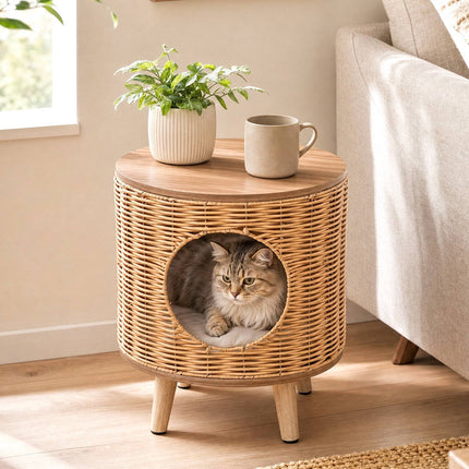 Rattan Cat House with Removable Cushion & Rubberwood Base