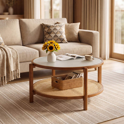 Rattan Coffee Table with Frosted Glass Top and Wood Legs