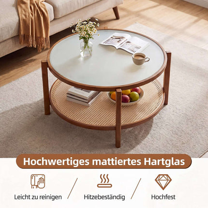 Rattan Coffee Table with Frosted Glass Top and Wood Legs