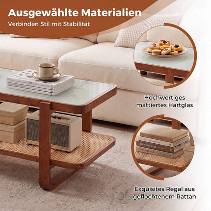 Rattan Coffee Table with Glass Top and Storage Shelf, Walnut