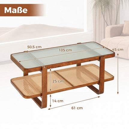 Rattan Coffee Table with Glass Top and Storage Shelf, Walnut