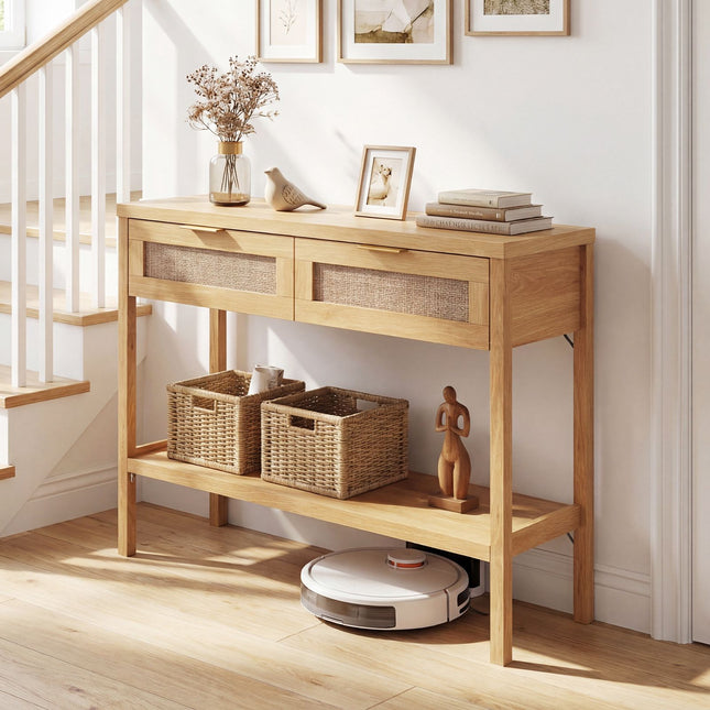 Rotan consoletafel, 2 lades, onderste plank, naturel
