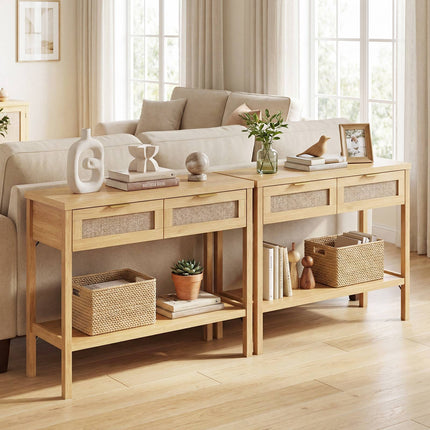 Rattan Console Table, 2 Drawers, Bottom Shelf, Natural