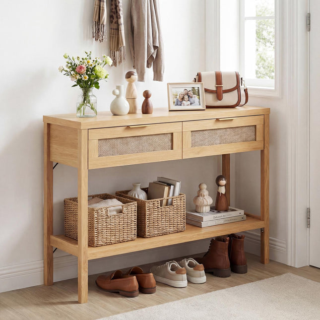 Rotan consoletafel, 2 lades, onderste plank, naturel