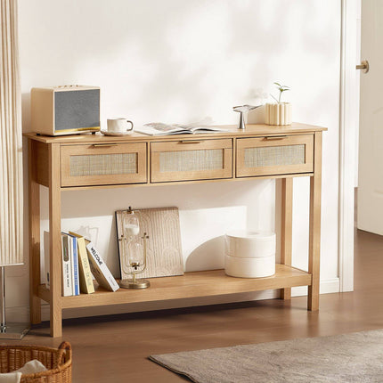 Rattan Console Table, 3 Drawers, Sliding Door, Shelf