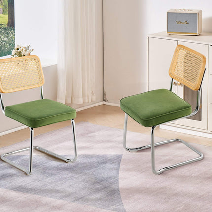 Rattan Dining Chairs Set of 2, Velvet Seat, Green