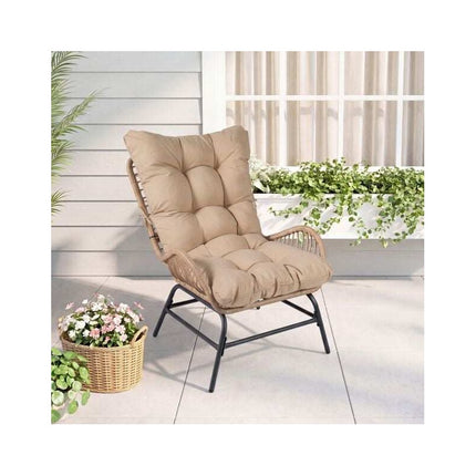 Rattan Garden Armchair with Thick Long Cushion, Khaki, Zippered Cover