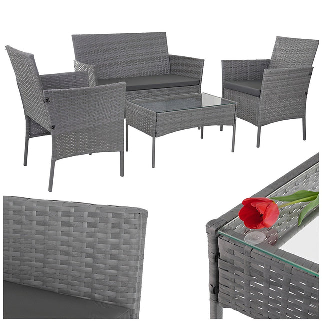 Tuinset van rotan, donkergrijs, bestaande uit een bank, 2 stoelen en een tafel.