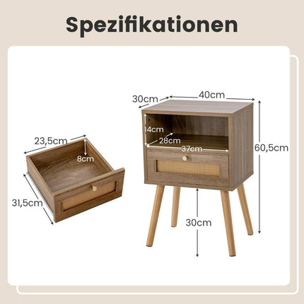 Ratanový noční stolek, sada 2 ks, se zásuvkou a policí, 40x30x60.5 cm