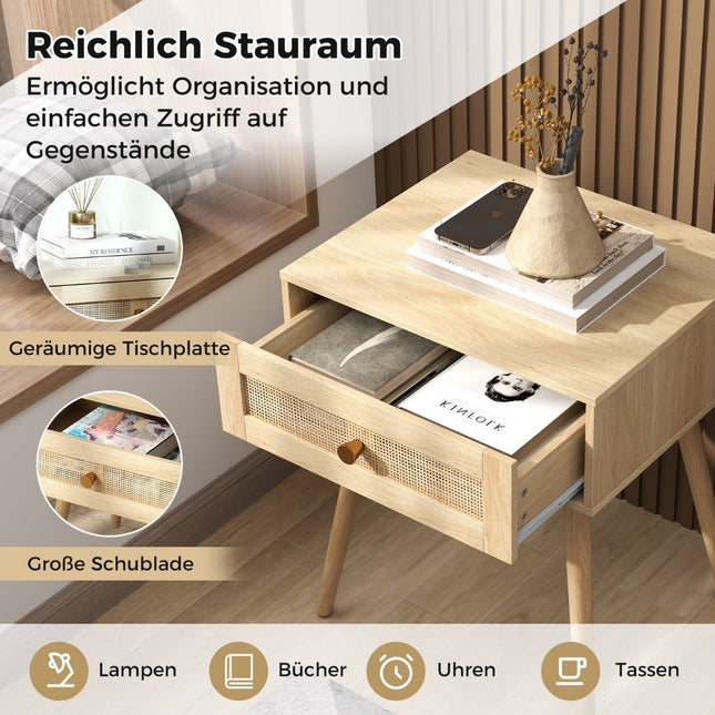 Nachttisch aus Rattan mit Schublade und Massivholzbeinen