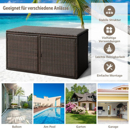 Ratanový úložný box na terasu s objemem 335L, ocelový rám, hnědá