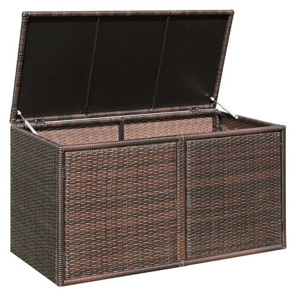 Ratanový úložný box na terasu s objemem 335L, ocelový rám, hnědá