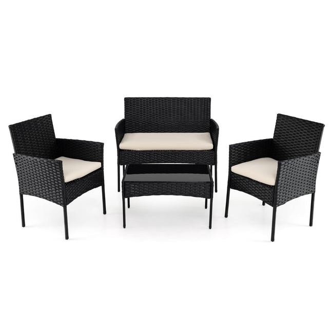Rotan tuinset, 4-delig, inclusief kussens en glazen tafel.