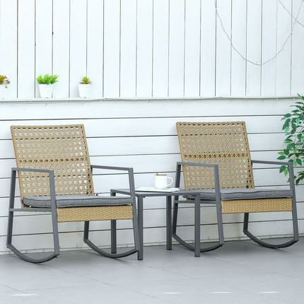 Ratanový bistro set s houpacími židlemi, 2 židle a stůl, polstry