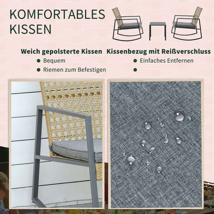 Ratanový bistro set s houpacími židlemi, 2 židle a stůl, polstry