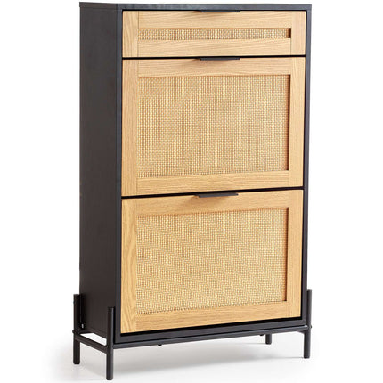 Rattan Shoe Cabinet, Slim 2 Flip Drawers, Slide Drawer, Black