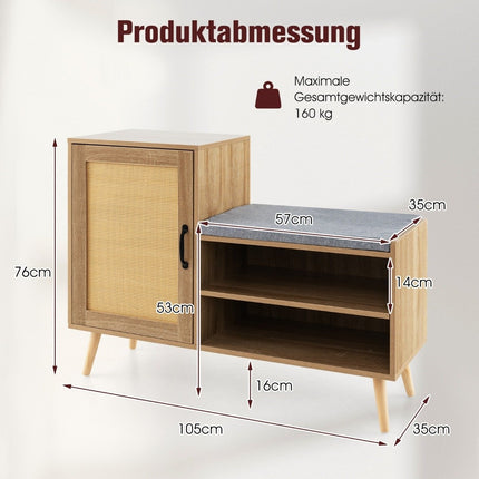 Ratanový botník s lavicí 2v1, lavice na přezouvání se 3 nastavitelnými policemi, 105 x 35 x 76 cm, přírodní