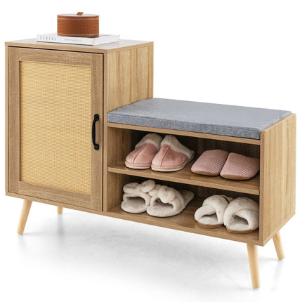 Ratanový botník s lavicí 2v1, lavice na přezouvání se 3 nastavitelnými policemi, 105 x 35 x 76 cm, přírodní