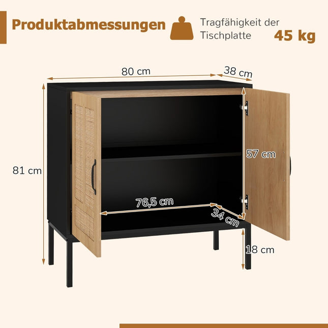 Dressoir van rotan, verstelbare plank, 2 deuren, zwart