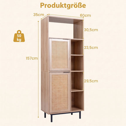 Rattan Storage Cabinet with 2 Doors and 5 Shelves - Natural