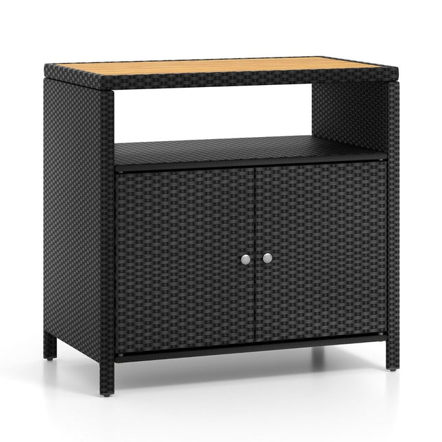 Ratanová úložná skříňka s akátovou deskou, černá