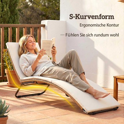 Ratanové lehátko s polštářem, ergonomické do tvaru S, 195 cm