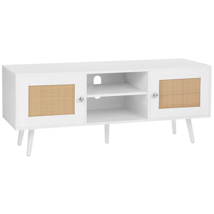 Rattan TV Stand for 55-Inch TV, White, Adjustable Shelf