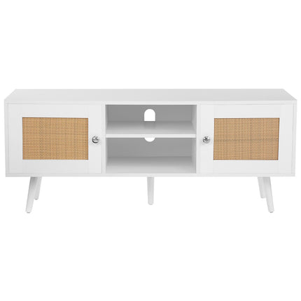 Rattan TV Stand for 55-Inch TV, White, Adjustable Shelf