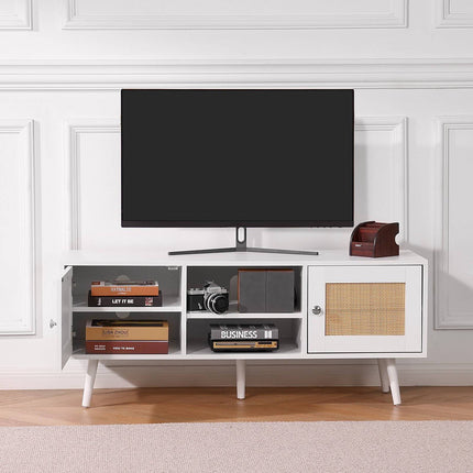 Rattan TV Stand for 55-Inch TV, White, Adjustable Shelf
