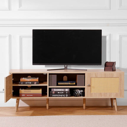 Rattan TV Stand for 65-Inch TV, Oak with Power Outlet