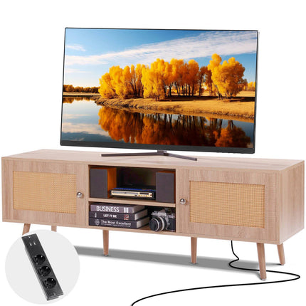 Rattan TV Stand for 65-Inch TV, Oak with Power Outlet