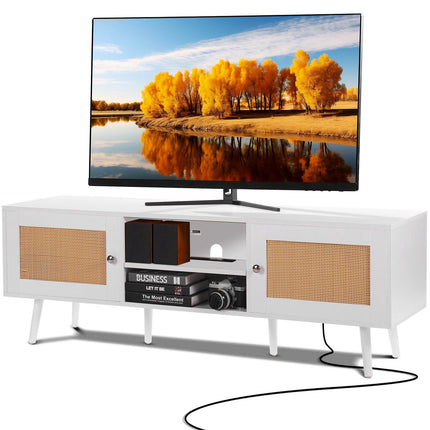 Rattan TV Stand for 65 Inch TV, Power Strip with USB