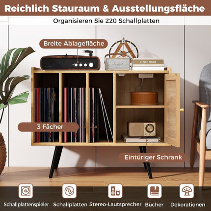 Rattan Turntable Stand with Charging Station, Holds 220 Vinyls