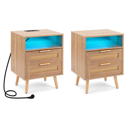 Ratanový dřevěný noční stolek s LED, 2 zásuvky, USB porty