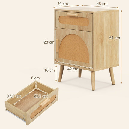 Rattan Nachttisch mit Schublade &amp; Schrank Nachttisch im Boho Style Beistelltisch Sofatisch