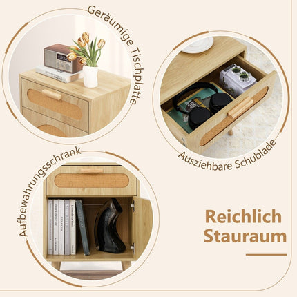 Rattan Nachttisch mit Schublade &amp; Schrank Nachttisch im Boho Style Beistelltisch Sofatisch