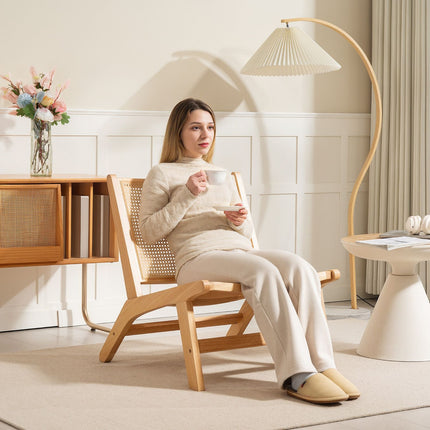 Ratanové křeslo, čtecí křeslo, dřevěný rám, široký sedák, 64 x 70 x 74 cm, přírodní dřevo