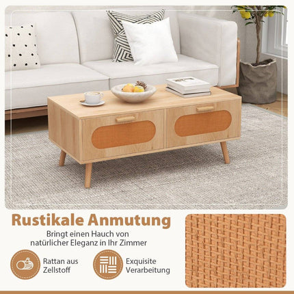 Ratanový konferenční stolek se 2 zásuvkami, 100 x 50 x 41 cm, přírodní