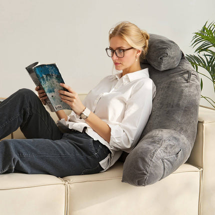 Reading Pillow With Removable Headrest, 3 Pockets, Grey
