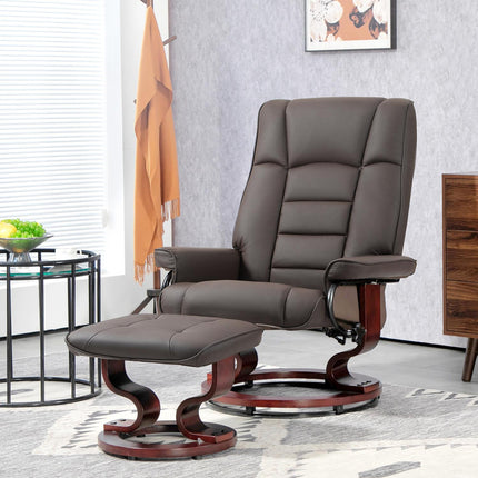 Recliner chair with footstool, swivel and tilt, faux leather cover, up to 150 kg, wooden frame, brown