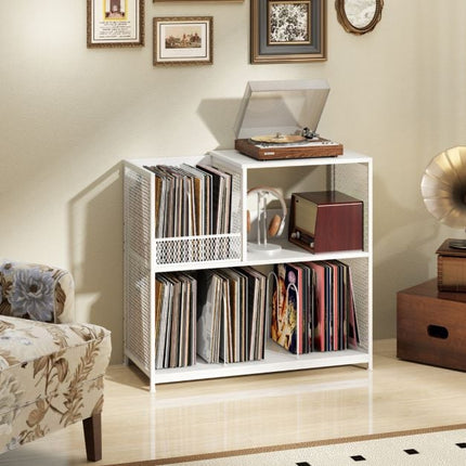 Stolek na gramofon, 3patrový úložný prostor na vinyly, bílá