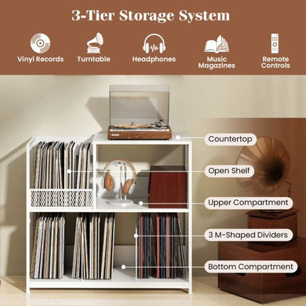 Stolek na gramofon, 3patrový úložný prostor na vinyly, bílá