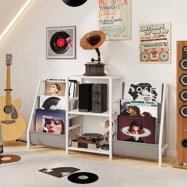 Stolek na gramofon s úložným prostorem na vinyly, 3 police, bílá