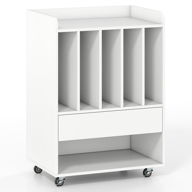 Platenspelertafel met 5 planken en lade, wit, verrijdbaar