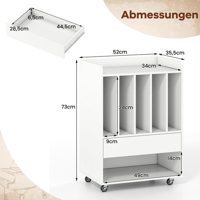 Platenspelertafel met 5 planken en lade, wit, verrijdbaar