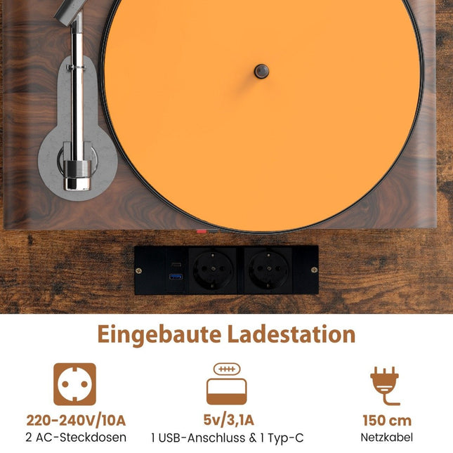 Stolek na gramofon, skříňka na desky se zásuvkou, USB a Type C, 79.5 x 40 x 79 cm, rustikální hnědá