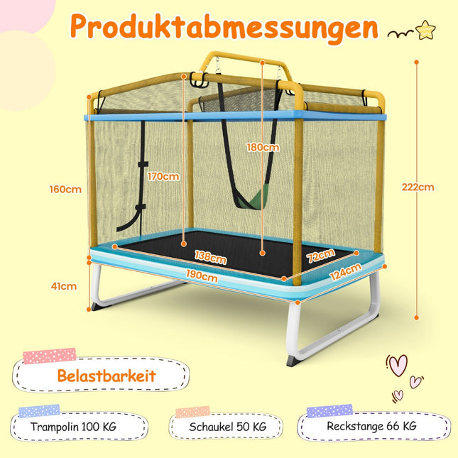 Obdélníková dětská trampolína 3v1 190 x 124 cm, rekreační trampolína se sítí, modrá + žlutá