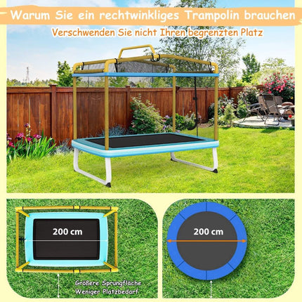 Obdélníková dětská trampolína 3v1 190 x 124 cm, rekreační trampolína se sítí, modrá + žlutá